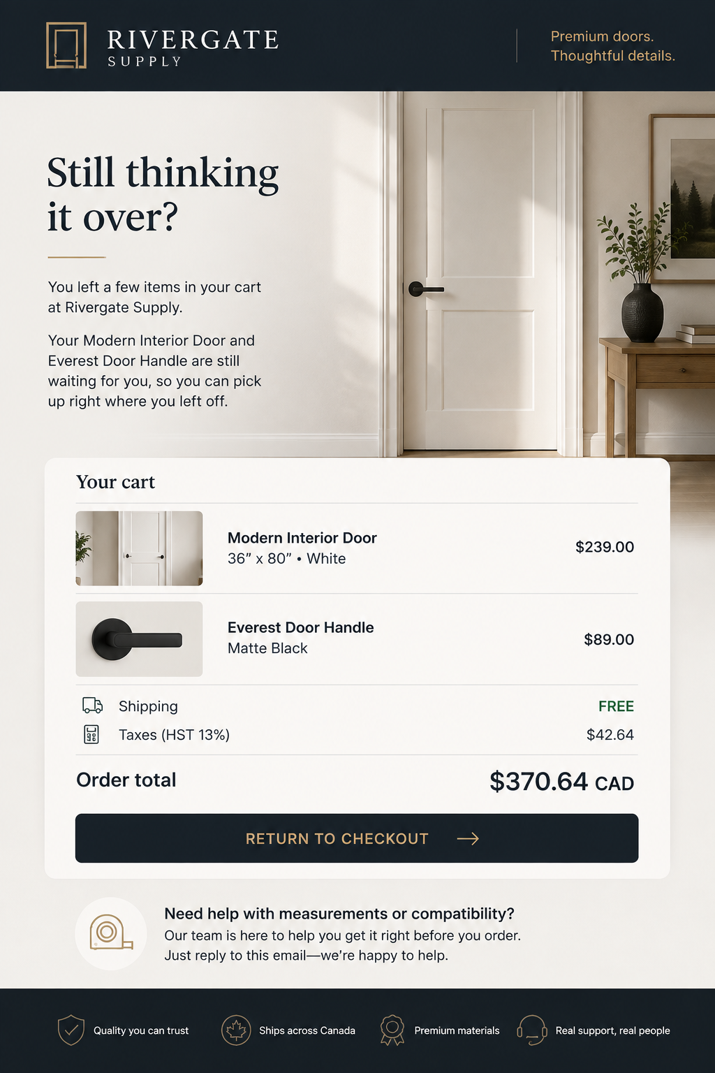 Rivergate Supply abandoned cart recovery email showing the left-behind door and door handle, order total, and a return-to-checkout button